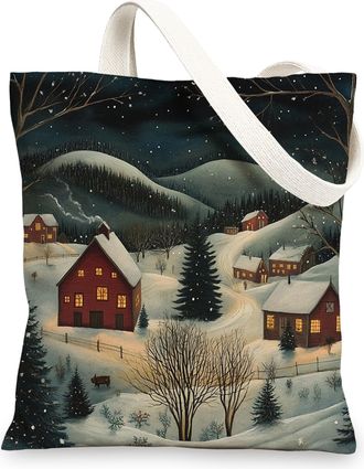 Generic Winter Farmhouse Christmas Canvas Tote Bag for Shopping 13x15, Xmas Country Snow Scenic Reusable Grocery Print Bag for Women, Farm Holiday Beach Aesth