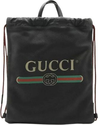 Gucci Pre-owned Leren Rugzak met Print en Trekkoord Zwart - Dames - Vintage Rugzakken - Zwart - ONE Size - Leer - Vintage