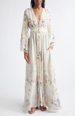 Camilla Floral Print Lace Trim Long Sleeve Silk Maxi Dress in Laced With Love at Nordstrom, Size X-Small