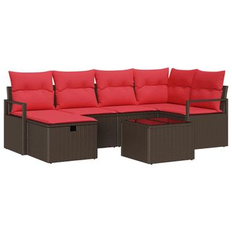 vidaXL Juego De Sof&aacute; Con Coj&iacute;n 7 Pcs Marr&oacute;n Y Rojo Rat&aacute;n Sint&eacute;tico Vidaxl