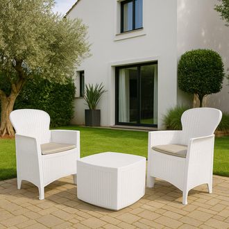 Dmora Sal&oacute;n De Jard&iacute;n Napoli, Cconjunto De Jard&iacute;n Con 2 Sillones Y 1 Mesa Container, Zona De Estar Efecto Rat&aacute;n, 100% Made In Italy, Blanco, Con Embalaje Re
