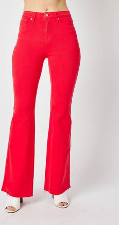 Judy Blue Waist Tummy Control Garment Flare Denim Jeans In Dyed Red