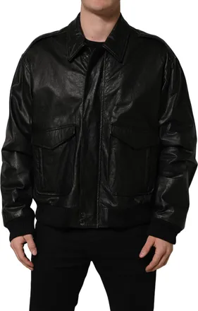 Dolce & Gabbana Black Leather Full Zip Men Biker Jacket Clothing
