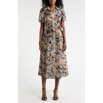 Sandra Darren Bubble Sleeve Shirtdress in Brown Multi at Nordstrom Rack, Size X-Large