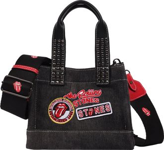 THE ROLLING STONES Black Denim Patch Mini Tote - Studded Handles with Adjustable Crossbody Strap