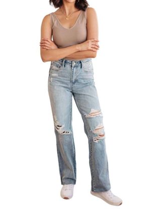 Judy Blue High Rise Rigid Magic Destroyed Straight Jeans In Light Wash