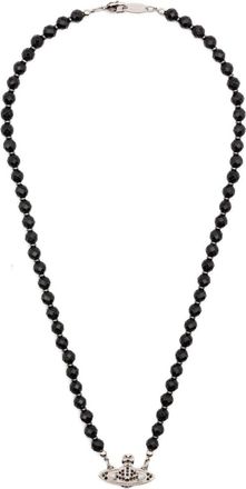 Vivienne Westwood Distinctive Black Beaded Necklace with Silver-tone Orb Pendant