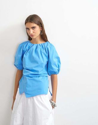 Topshop top blu fiordaliso con maniche a sbuffo e fondo a portafoglio