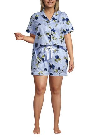 Lands End Plus Size Cotton Poplin 2 Piece Pajama Set - Short Sleeve Top and Shorts in Light Sea Blue Striped Floral at Nordstrom, Size 1X