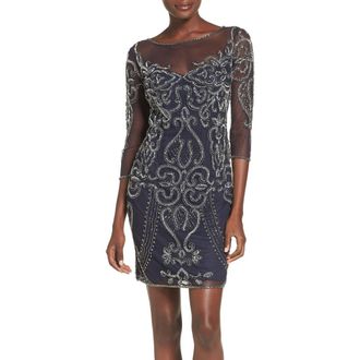 Pisarro Nights Beaded Mesh Sheath Dress in Navy at Nordstrom, Size 14
