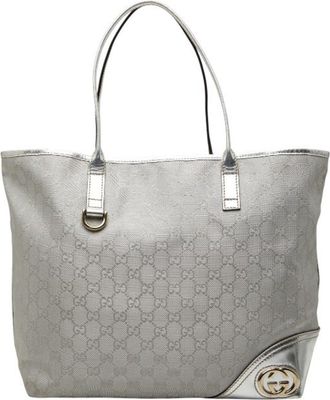 Gucci Silver Canvas Leather Shoulder Bag Tote Bag (Pre-Owned)