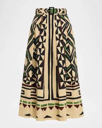 Maison Common Abstract Cotton Canvas Midi Skirt With Belt