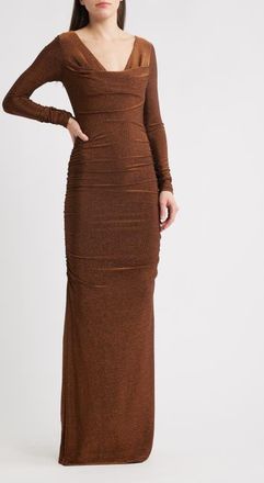 Black Halo Rafaela Long Sleeve Glitter Knit Gown in Amber Glaze at Nordstrom, Size 12