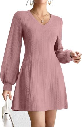 Zeagoo Mini Dresses for Women Autumn Long Sleeve V Neck Jumper Dress Elegant Lantern Sleeves Princess Line Tunic Dress Pink S