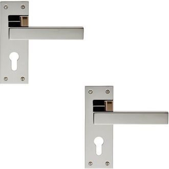 Loops 2x PAIR Straight Square Lever on Euro Lock Backplate 150 x 50mm Polished Nickel in Metallics