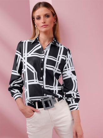 Heine Hemdbluse HEINE, Damen, Gr. 36, schwarz, ecru, bedruckt, 100% Polyester, bedruckt, gemustert, mehrfarbig, Rundhals, Blusen Hemdbluse