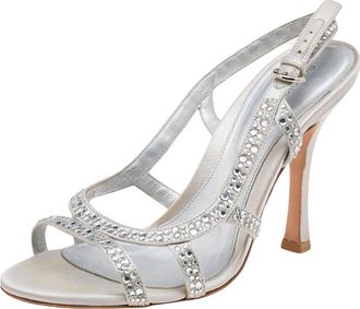 Sergio Rossi Silver Satin Crystal Embellished Slingback Sandals