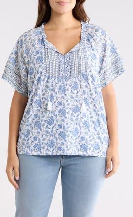 Lucky Brand Short Sleeve Split Neck Top in Blue Multi at Nordstrom Rack, Size 2X