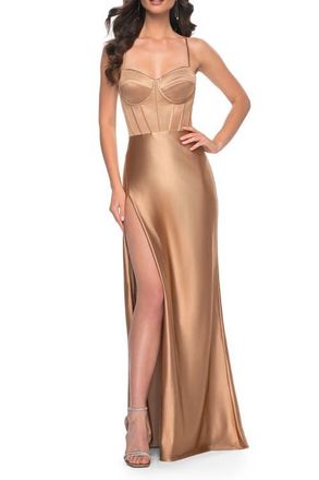 La Femme Stretch Satin Gown with Bustier Top and Lace Up Back in Bronze at Nordstrom, Size 00