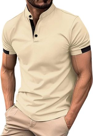 Generic Mens Short Sleeved Polo Shirt - Button Stand-up Collar Round Neck Tops Simple Solid Color Pocketless Design Tops Summer Casual Business Wear Outdoor B