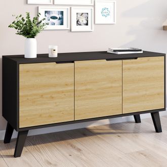 IDMarket Aparador Bajo Escandinavo 113 Cm Finn Negro 3 Puertas Efecto Haya