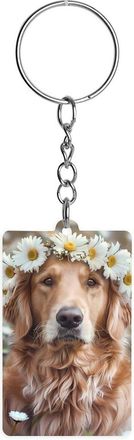 Generic Golden Retriever with Daisy Wreath Acrylic Keychain Cute Key Rings Key Chains Tags for Men Women Gifts