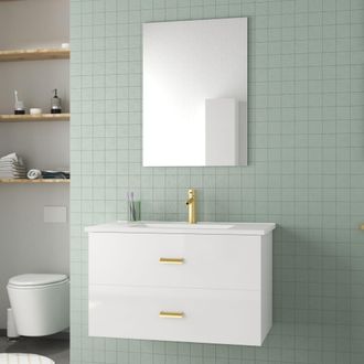 Aurlane Mueble De Ba&ntilde;o 80 Cm Lacado Blanco Y Oro Dorado 2 Cajones - Lavabo Blanco Y Espejo