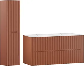 Vente-Unique Mueble de ba&ntilde;o suspendido con levabo encastrado y armario de ba&ntilde;o - Rayado terracota - 120 cm - PAVANI