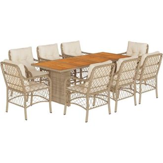vidaXL Set Comedor De Jard&iacute;n 9 Pzas Con Cojines Rat&aacute;n Sint&eacute;tico Beige Vidaxl