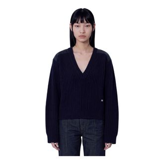 Ganni Wool Melange Rib Stripe V Neck - Dames - Truien - Blauw - Maat: S Wol