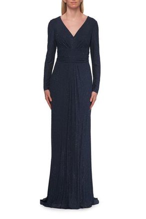 La Femme Long Sleeve Rhinestone Gown with Pleated Waist in Navy at Nordstrom, Size 10