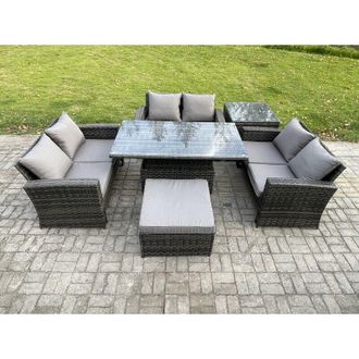 Fimous 7 Seater Rattan Wicker Garden Furniture Patio Conservatory Sofa Set with Height Adjustable Rising Lifting Table Double Seat Sofa Big Footstool Side