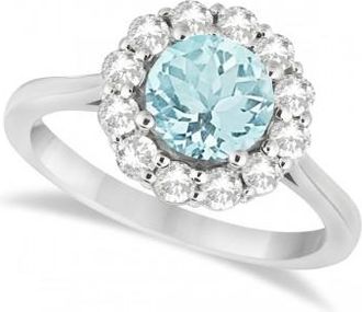 Allurez Halo Diamond Accented and Aquamarine Lady Di Ring 14K White Gold (2.14ct)