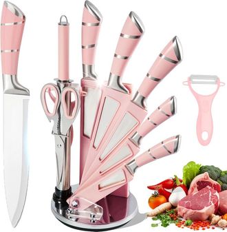 OEM Juego De Cuchillos De Cocina De Calidad Profesional, Colecci&oacute;n Completa De 9 Piezas, Color Rosa