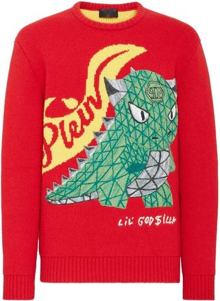 Philipp Plein Merino wollen trui met ronde hals - Heren - Ronde hals truien - Rood - 4XL - Wol - Truien & Vesten