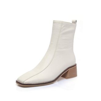 TinaCus Womens Genuine Leather Square Toe Side Zip Up Handmade Low Chunky Heel Chic Mid-Calf Boots, Off-white, 7.5 UK