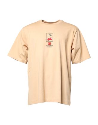 Dolce & Gabbana Beige Cotton Logo Print Crew Neck Mens T-shirt