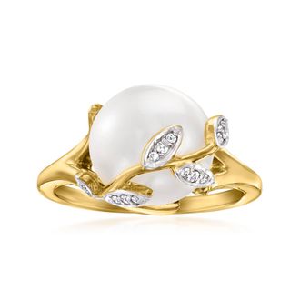 Ross-Simons 11-11.5mm Cultured Pearl Leaf Ring With Diamond Accents in 18kt Gold Over Sterling