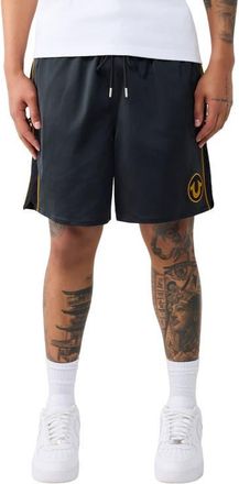 True Religion Mesh Block Satin Drawstring Shorts in Jet Black at Nordstrom, Size Xxx-Large