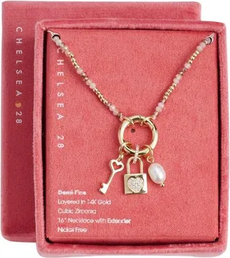 Chelsea28 Demi Fine Cubic Zirconia Bead Lock Charm Necklace in Blush Multi- Gold at Nordstrom