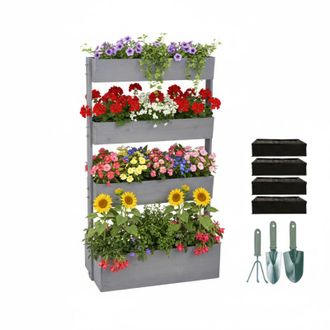 Relaxdays Relaxdays vertical planter, pine, 180x80x48 cm, raised bed, 5 boxes, balcony/terrace, fleece liners & accessories, grey