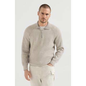 Brunello Cucinelli Cashmere vanis&eacute; English rib knit polo with half zip in Grey at Nordstrom, Size 56 It