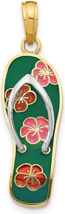 Diamond2Deal 14k Yellow Gold Rhodium 3D Enameled Flowers On Green Flip Flop Pendant
