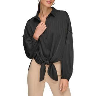 DKNY Stripe Jacquard Tie Hem Button-Up Shirt in Black at Nordstrom Rack, Size X-Large
