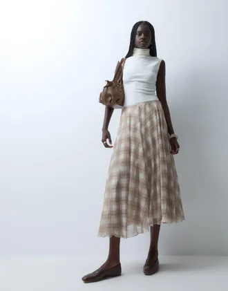 Vero Moda gonna midi asimmetrica a vita alta a quadri neutri-Neutro