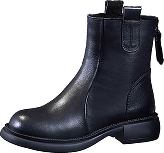 Generic Stylish Women Mid Calf Autumn Boots with Square Heel Round Toe Zipper Closure Synthetic Leather Design for Everyday Comfort (Black, 5.5)