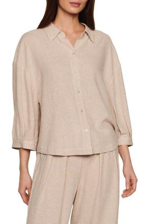 Eberjey Relaxed Linen Blend Button-Up Sleep Shirt in Gingham White/Warm Taupe at Nordstrom, Size X-Large
