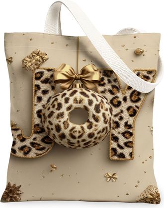 Generic Joyful Leopard Canvas Tote Bags, Animal Print Reusable Grocery Bags, Chic Lightweight Washable Shoulder Strap for Shopping, Beige, 13x15 Inch