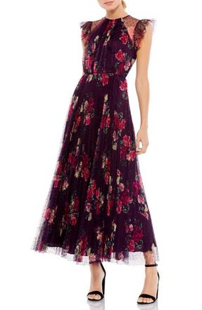 Mac Duggal Floral Flutter Sleeve Midi Dress in Plum Multi at Nordstrom, Size X-Small
