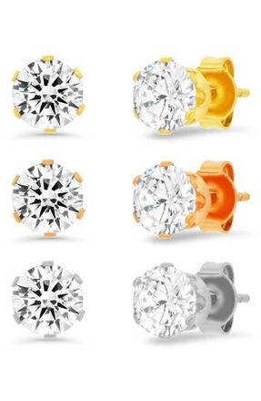 HMY Jewelry 3-Pack Cubic Zirconia Round Stud Earrings in Metallic-Yellow-Rose at Nordstrom Rack